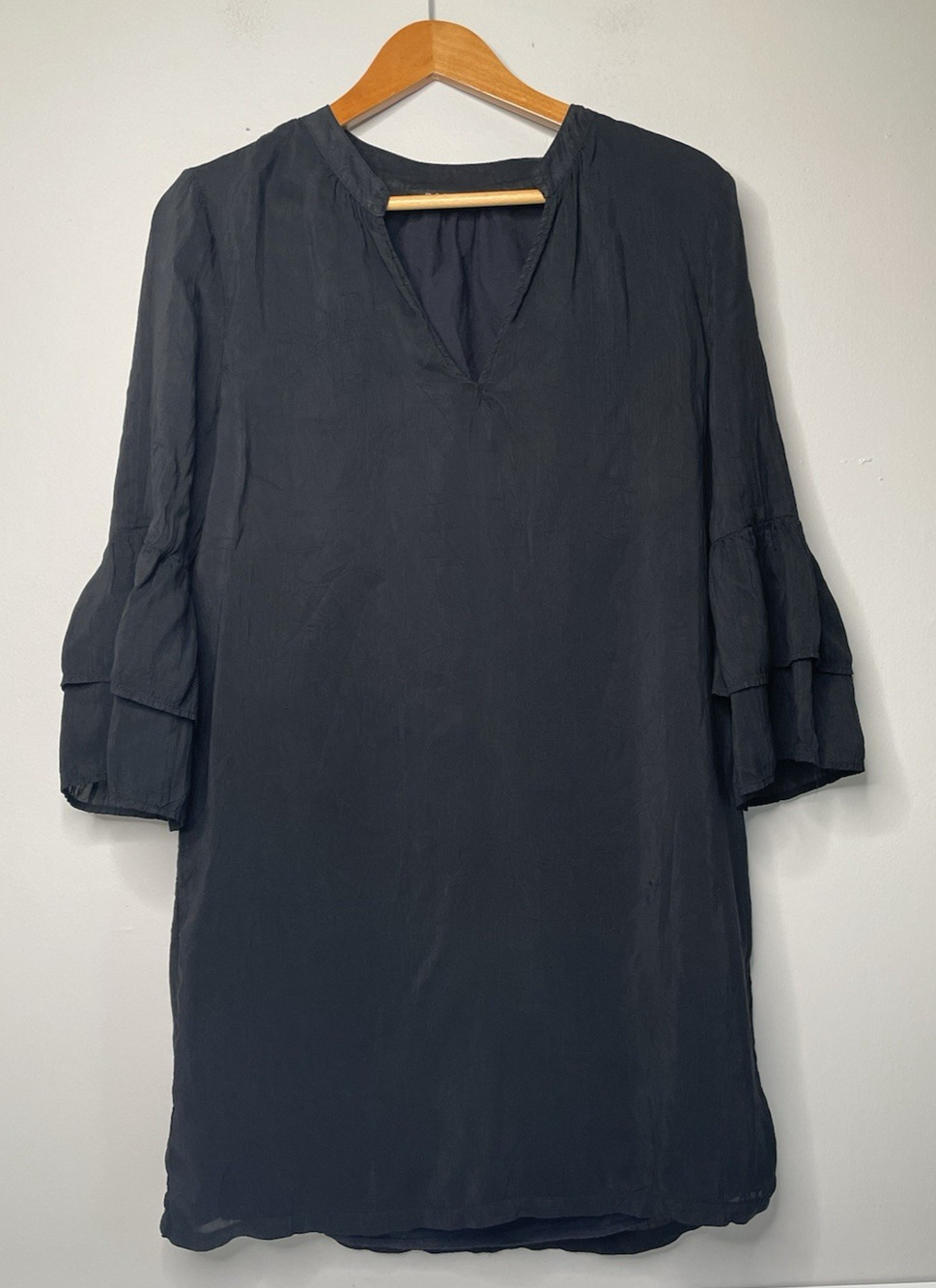 Maven West Black Cupro Tunic Dress Womens Large Ruffle Bell Sleeve Made USA